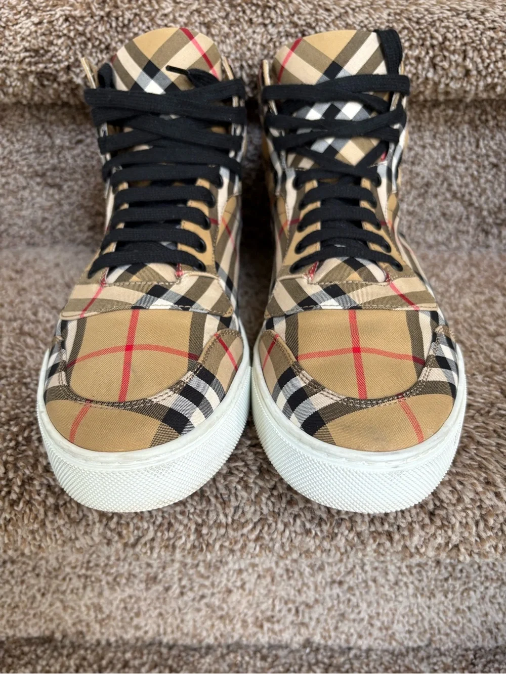 Burberry Men’s High-Top Nova Check Sneakers in Tan, Black, Red